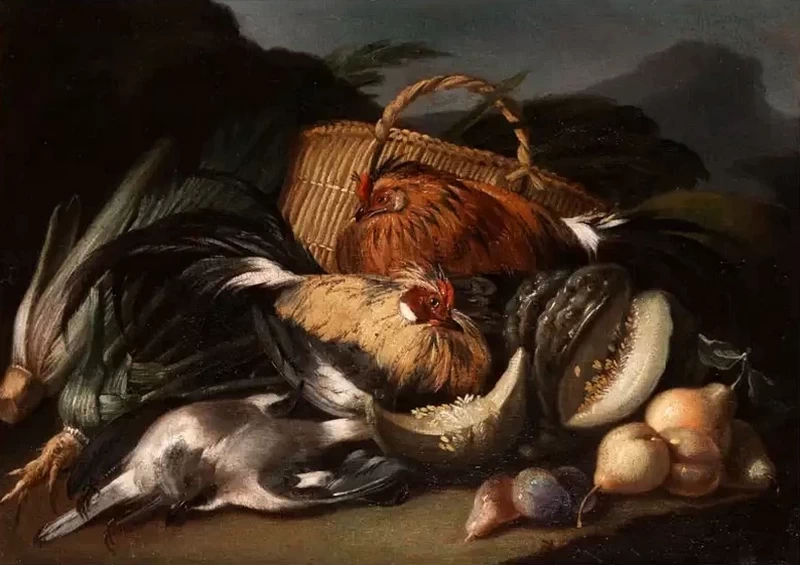 Candido - Natura morta con pilli vivi e frutta